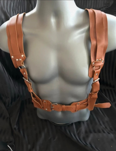 Silver chain and faux leather brown military harness